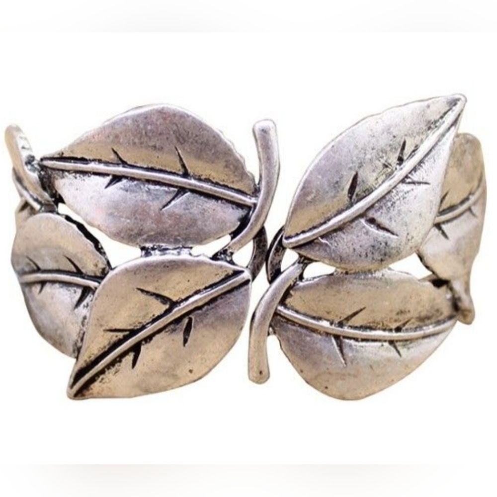 Vintage Silver Tone Leaf Cuff Bracelet Women’s‎ Boho Nature Inspired Jewelry
